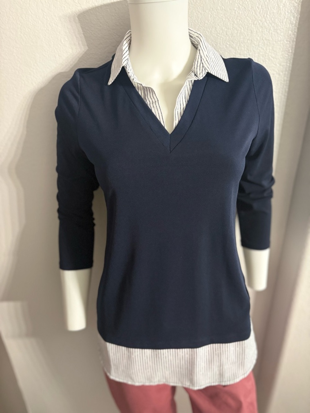 Adrianna Papell Navy and White Layered V-Neck Pullover Blouse